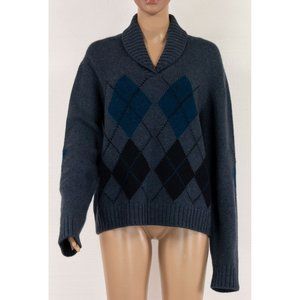 $2995 LORO PIANA 100% CASHMERE DARK BLUE ARGYLE PATTERN SHWAL COLLAR SWEATER  44